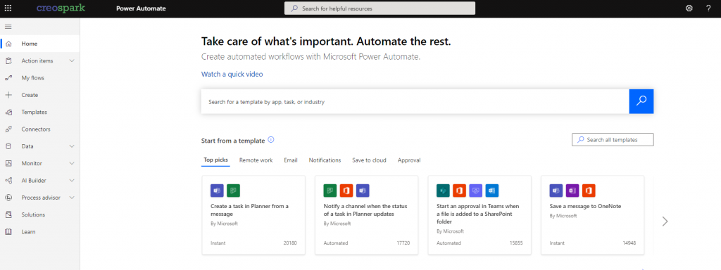 Power Automate welcome screen with task automation suggestions