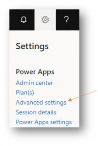 Powerapp Dataverse Settings tab with Advanced Settings 