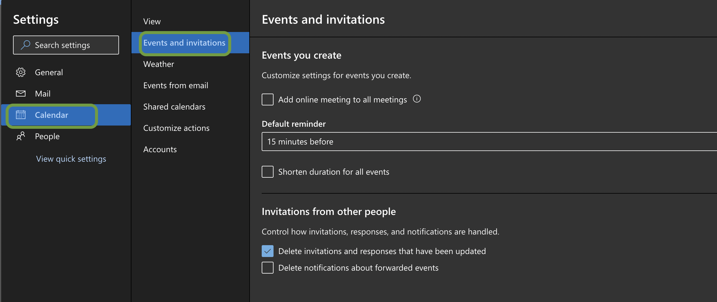Outlook Web: Calendar > Events and invitations