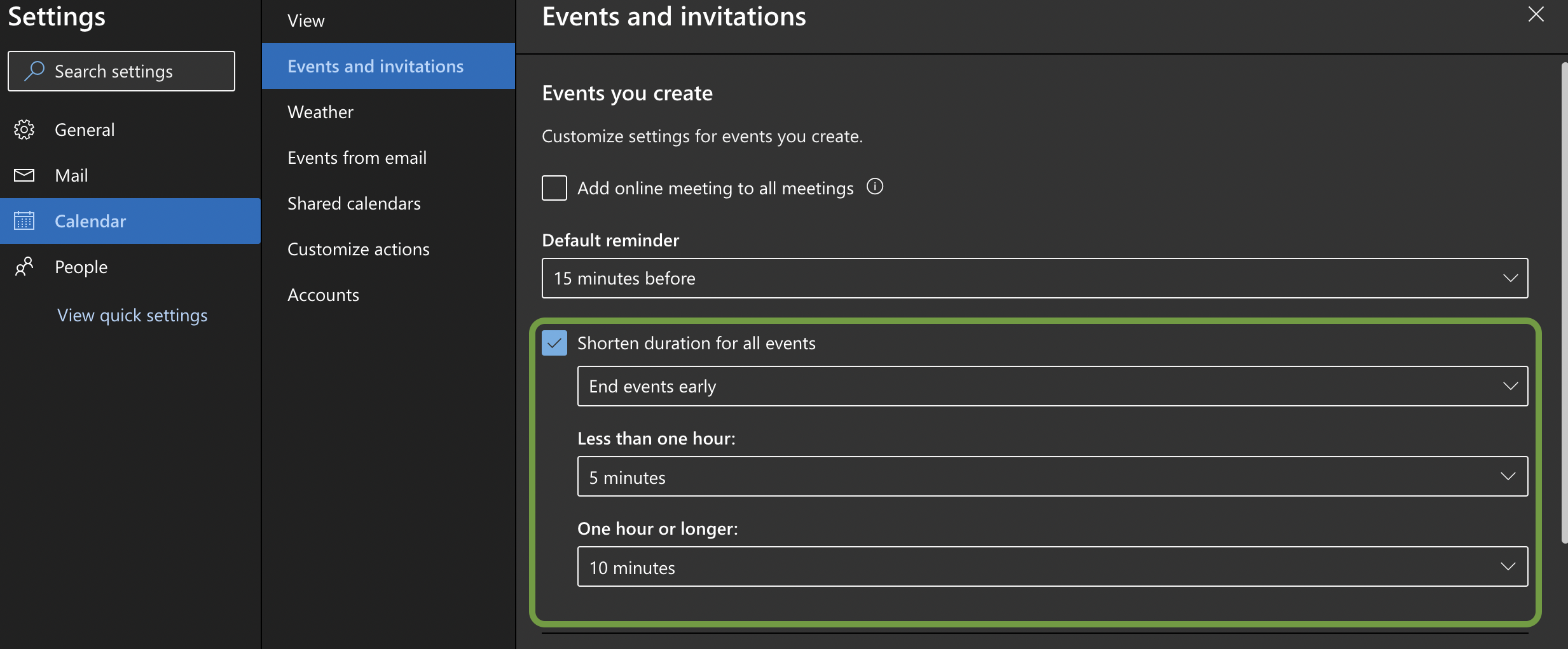 Set the “Shorten appointments and meeting” option to “End early”, “Less than one hour” option to “5 minutes”, and the “One hour or longer” option to “10 minutes”