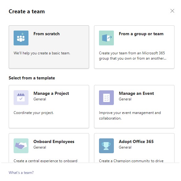 Shows the template options in microsoft teams.