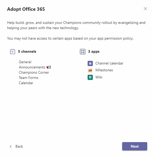 Channels and apps that come with Adopt Office 365 template.