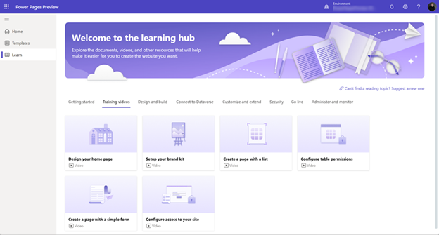 A screenshot of power pages preview platform, more specifically of its learning hub and the training videos that it offers users.