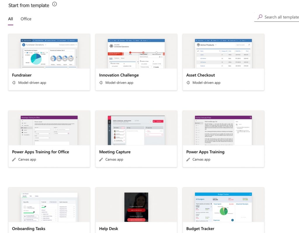A screenshot of different templates available on Power Apps.