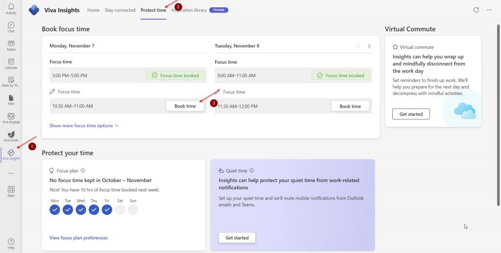 A screenshot demonstrating how users can access the protect time feature on Microsoft Teams.