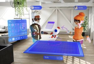 two mesh avatars having a meeting in a virtual workspace
