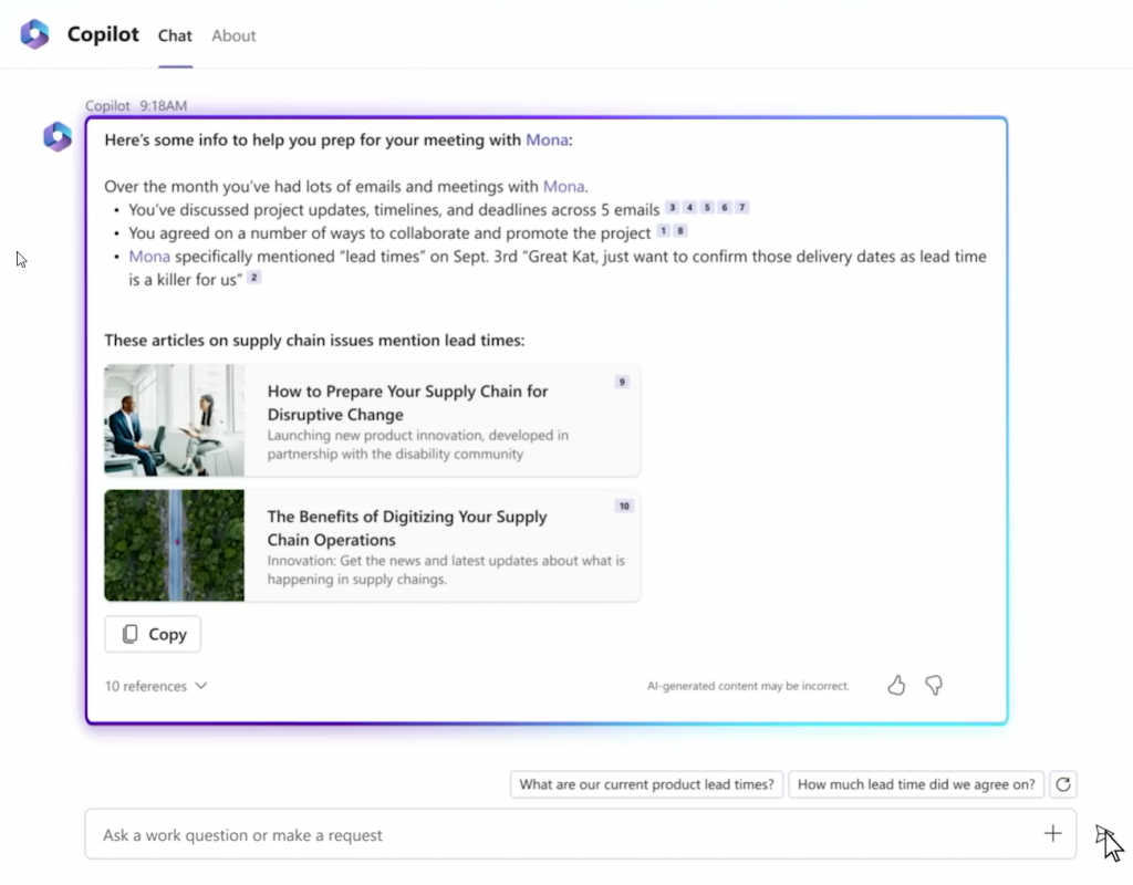 An example of a meeting prep created by Copilot, summarizing key points and recommending relevant articles to the user.