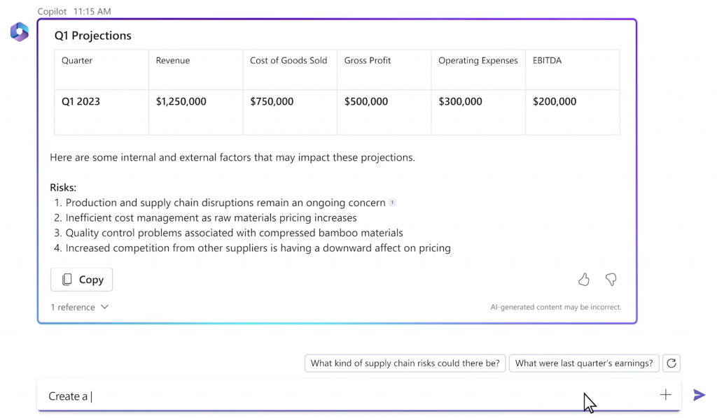 An example of a business strategy created by Microsoft 365 Copilot summarizing all the key insights from a project alongside risks that need to be addressed.