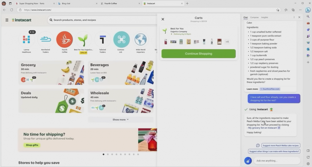 A screenshot demonstrating how ChatGPT works with AI plugins such as Instacart.
