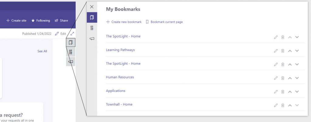 Screenshot of Creospark's custom bookmarks feature.