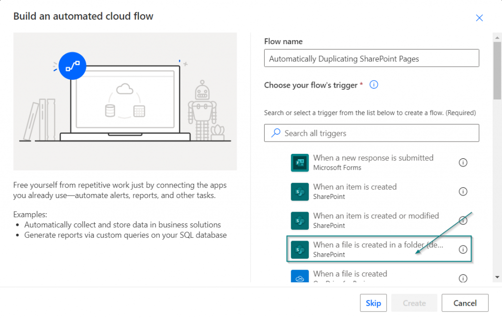 A screenshot demonstrating the step 3 of the process of creating the flow that can automatically duplicate SharePoint pages.