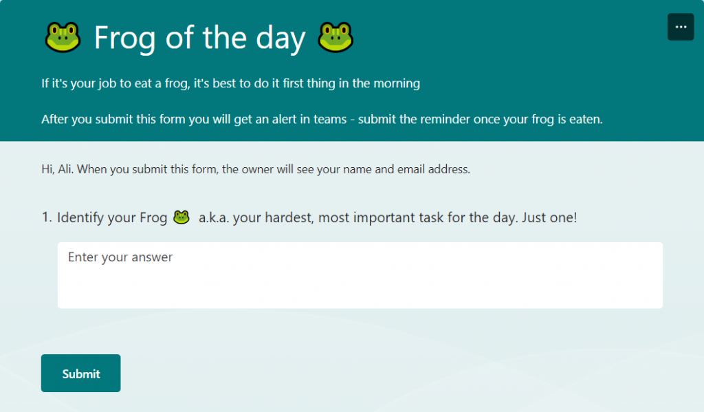 A screenshot of our Microsoft Form for the frog of the day.