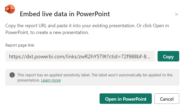 A screenshot demonstrating the "Embed live data in PowerPoint" dialog looks like.