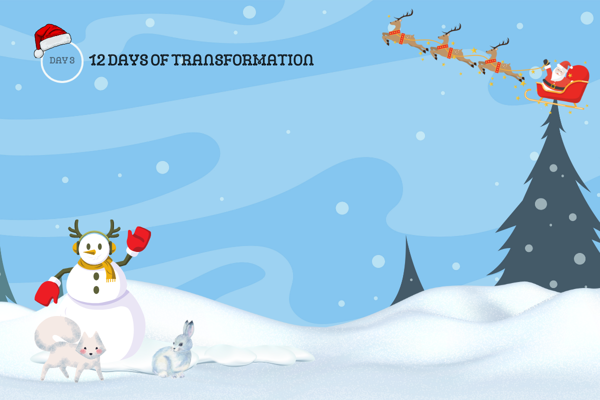 12 Days of Transformation Blog Banner | Festive winter holidays-themed banner with a cheerful snowman and Santa Claus riding his sleigh | Day 3