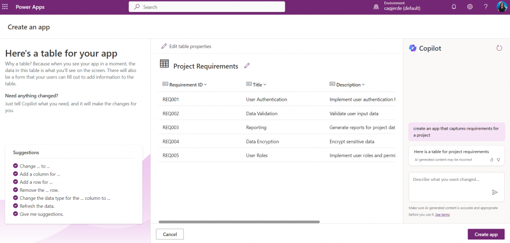 A screenshot demonstrating step 2 of Creating a Requirements Power App with Microsoft Copilot.