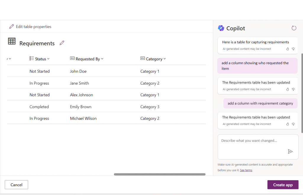 A screenshot demonstrating how you can add additional columns to your Power app using Copilot.