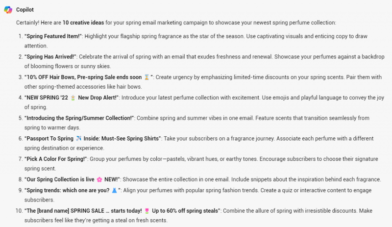Copilot ideas for newsletter campaign