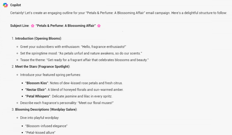 Copilot provides an outline
