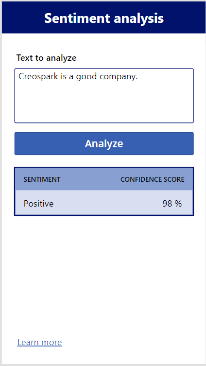 A sentiment analysis tool displaying a positive sentiment with a 98% confidence score for the text “Creospark is a good company.”
