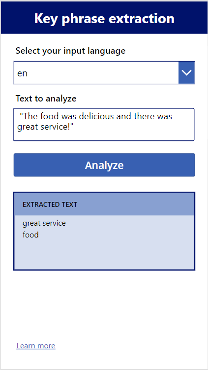 A screenshot of a key phrase extraction tool where the user selects English as the input language and inputs the text “The food was delicious and there was great service!” for analysis, resulting in extracted key phrases “great service” and “food”. The tool highlights its ability to identify main concepts from user feedback.