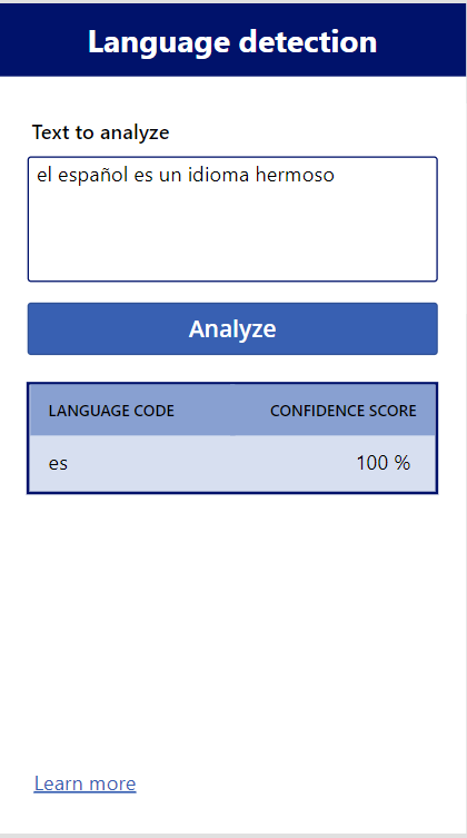 A screenshot of a language detection tool displaying the analysis of the Spanish text “el español es un idioma hermoso,” with a 100% confidence score indicating it is in Spanish.