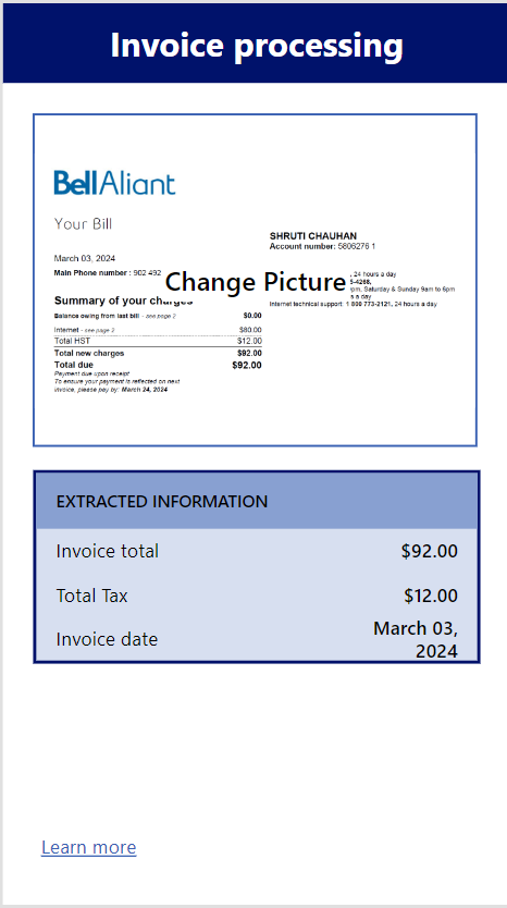 An invoice processing screenshot displays a BellAliant bill with extracted information, including invoice total, total tax, and invoice date. The image showcases the efficiency and accuracy of automated data extraction.
