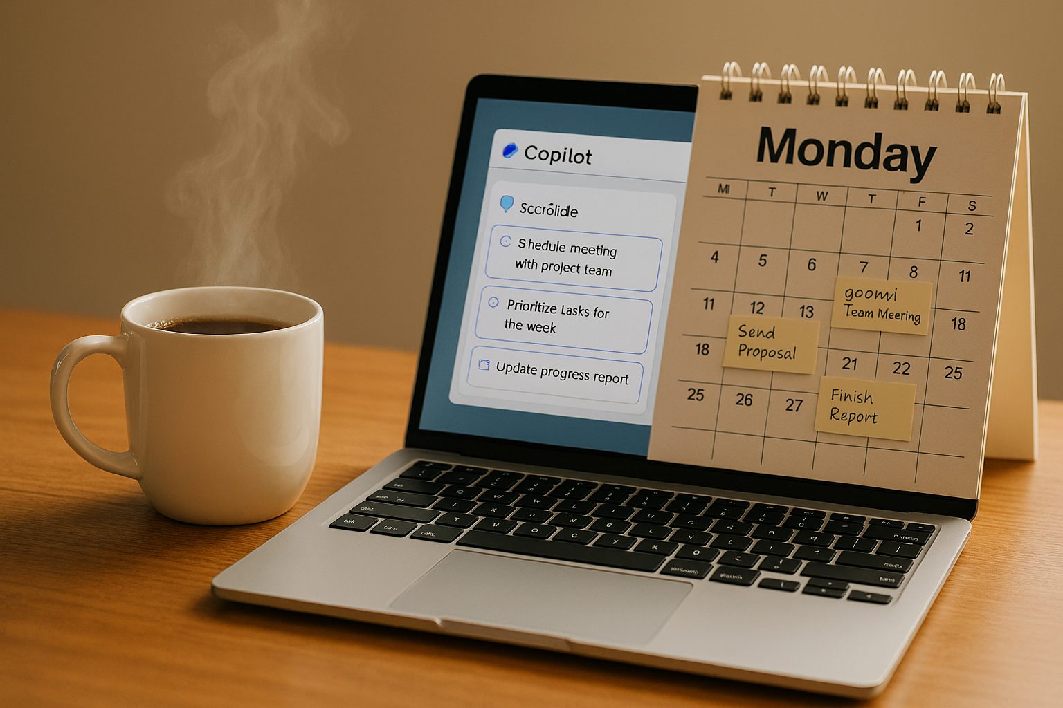 Coffee mug beside a laptop showing Copilot tasks and a Monday calendar with sticky notes.