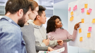Team looking at whiteboard deciding on something